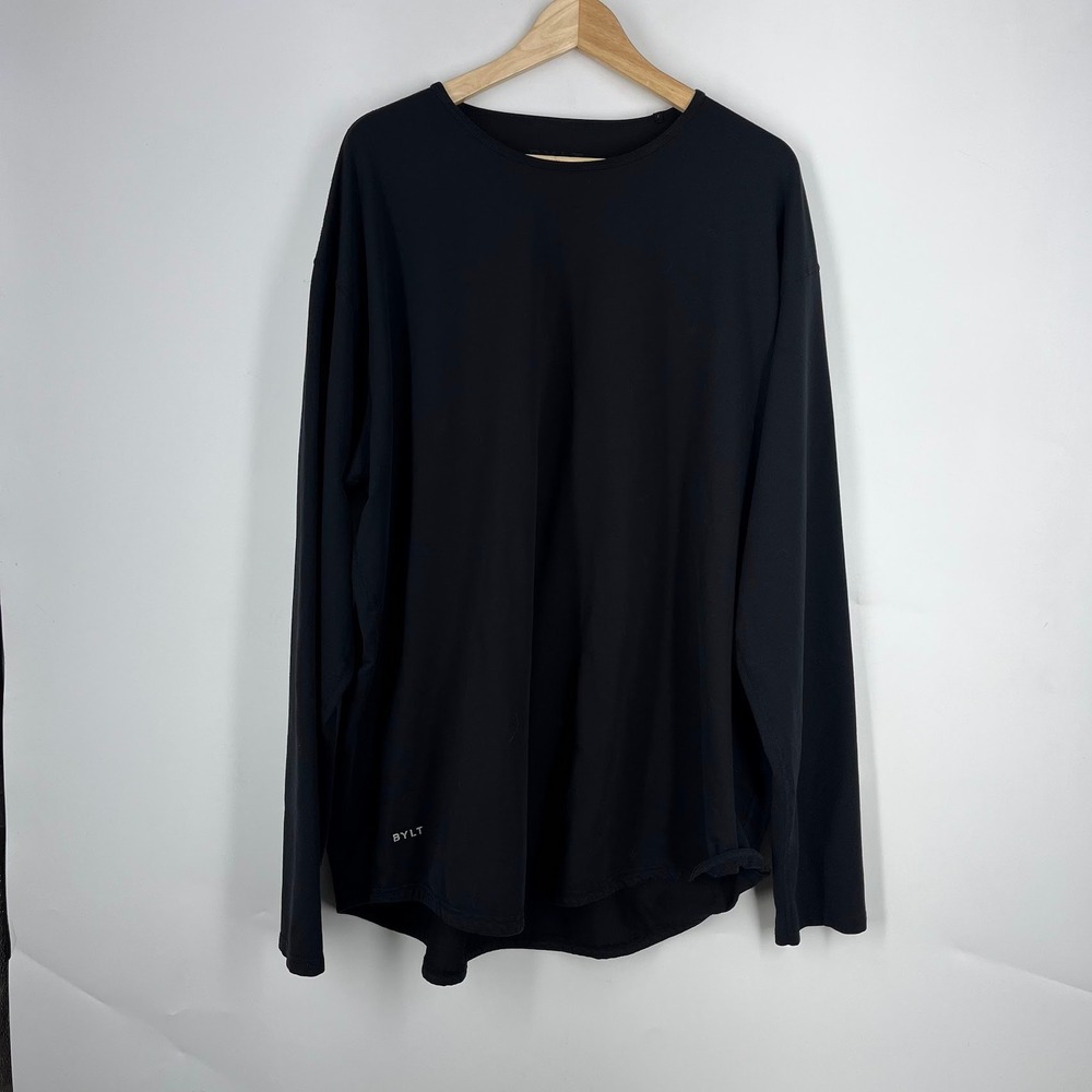 BYLT Basics Mens Drop Cut Long Sleeve Shirt Black Curved Hem Crew Neck Size XL - Picture 2 of 16